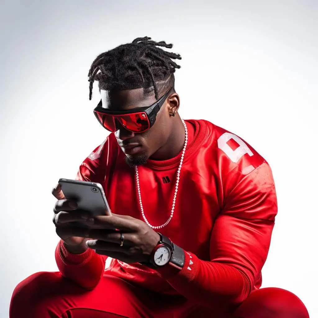 football player betting on sports on the phone in red and black shades